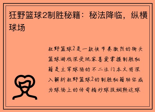 狂野篮球2制胜秘籍：秘法降临，纵横球场
